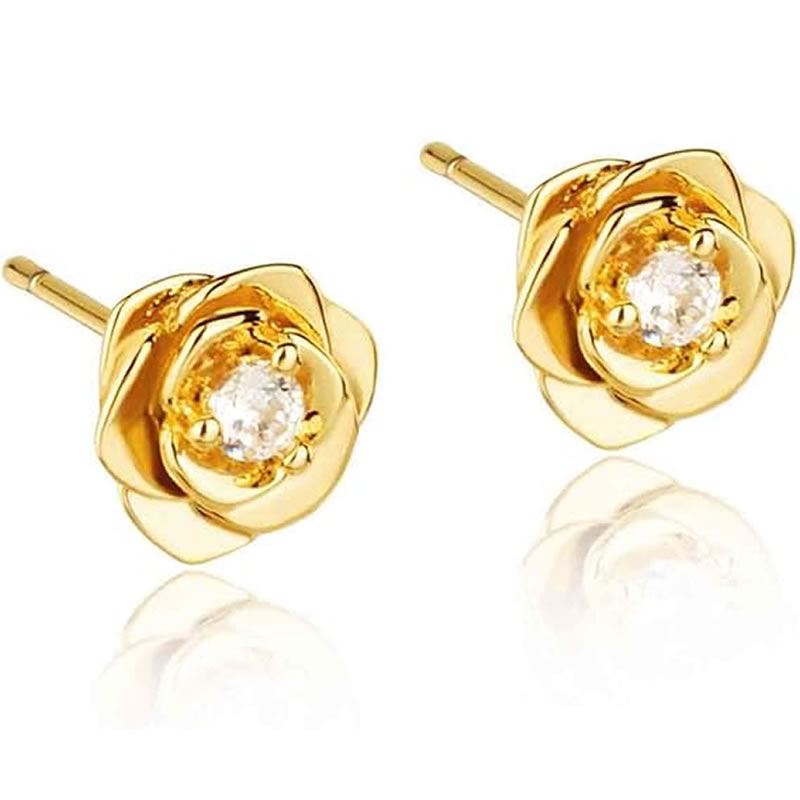 Brinco Flor folheado a ouro 18k 1 Brincos pequenos, dourados e folheados a ouro 18k, Flor com zircônia cravejada