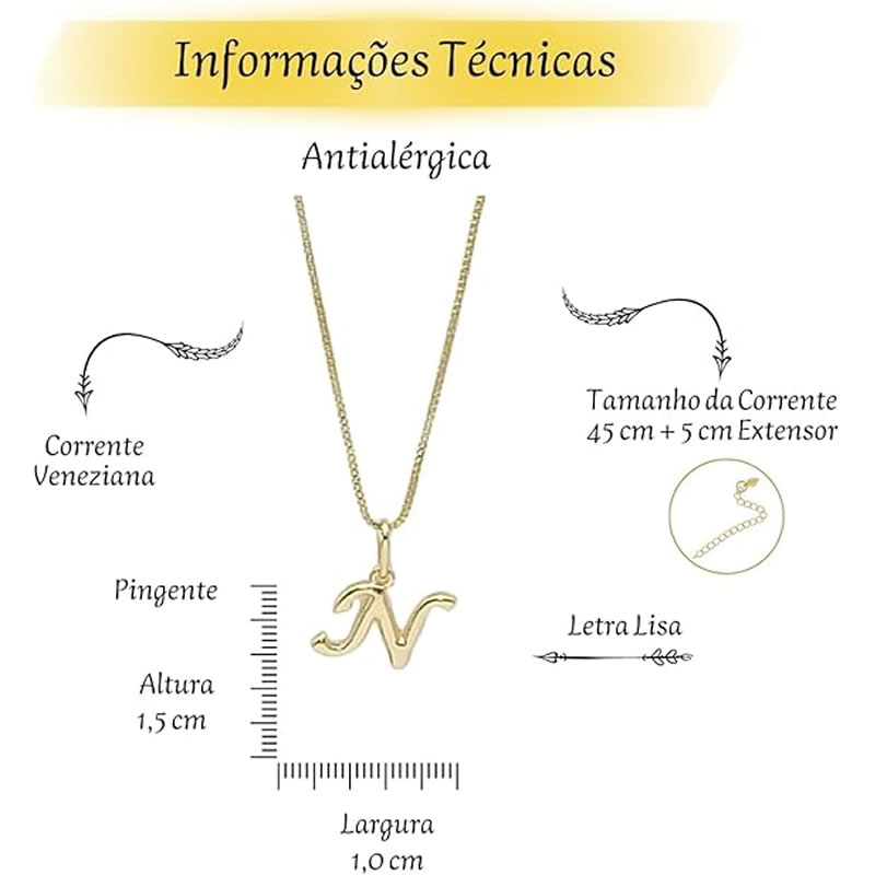 Colar Letra N Banhado a Ouro 18k 3 Colar Letra N Banhado a Ouro 18k - Imagem 3