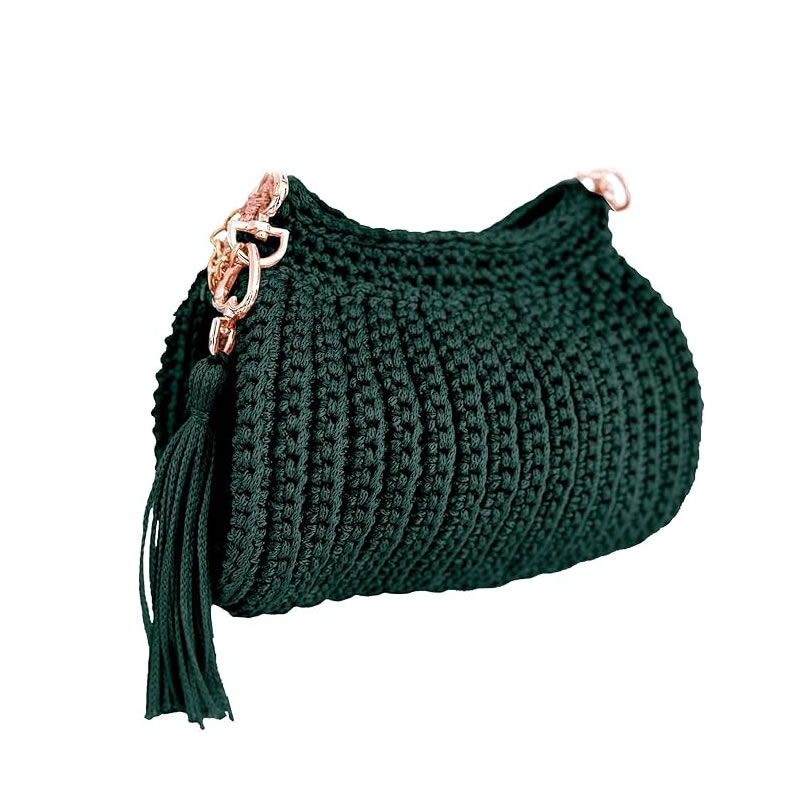 Bolsa de Crochê com Alça de mão e ombro 1 Bolsa Feminina de Crochê Artesanal Com Alça de Mão e Ombro Artesanal, Cor Verde Escuro