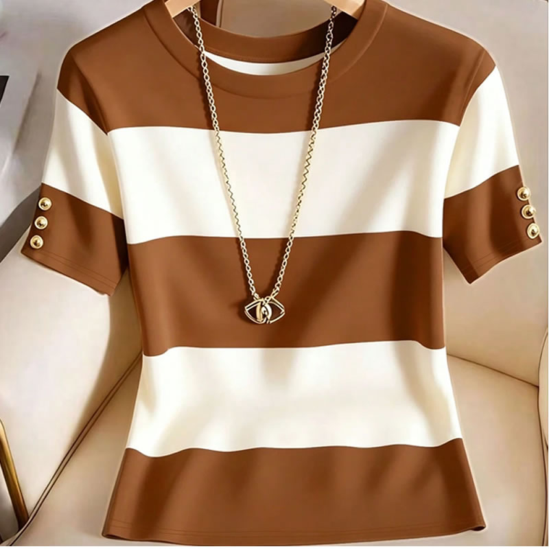 Franclia Camiseta Casual Feminina de Manga Curta com Gola Redonda, Estampa Listrada Colorblock 1 Franclia Camiseta Casual Feminina de Manga Curta com Gola Redonda, Estampa Listrada Colorblock