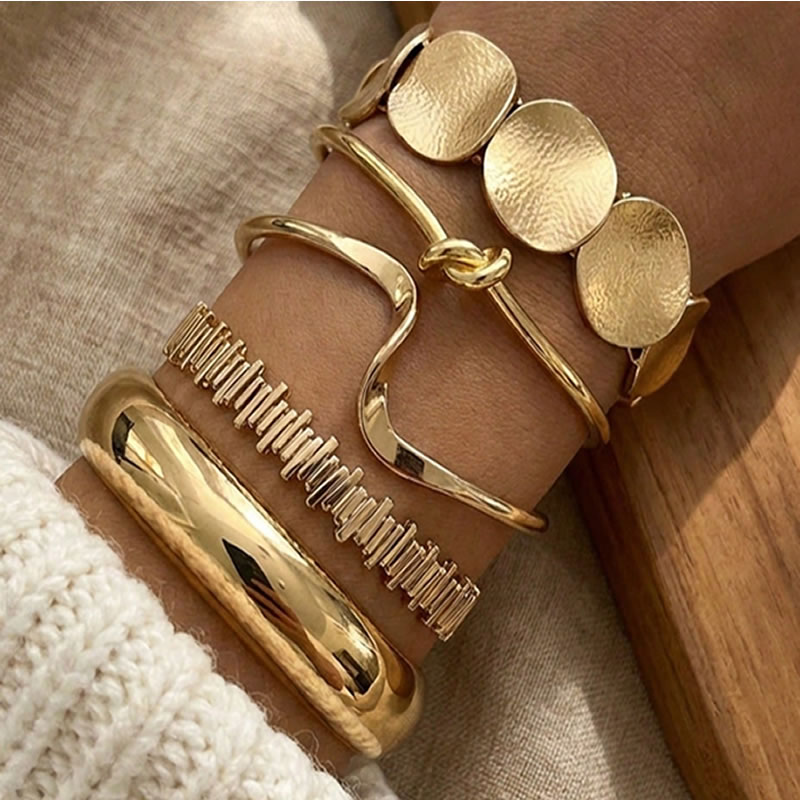 5 Peças Conjunto de Pulseiras Vintage Geométricas Exageradas Multilamelares Embrulhadas Abertas 1 5 Peças Conjunto de Pulseiras Vintage Geométricas Exageradas Multilamelares Embrulhadas Abertas