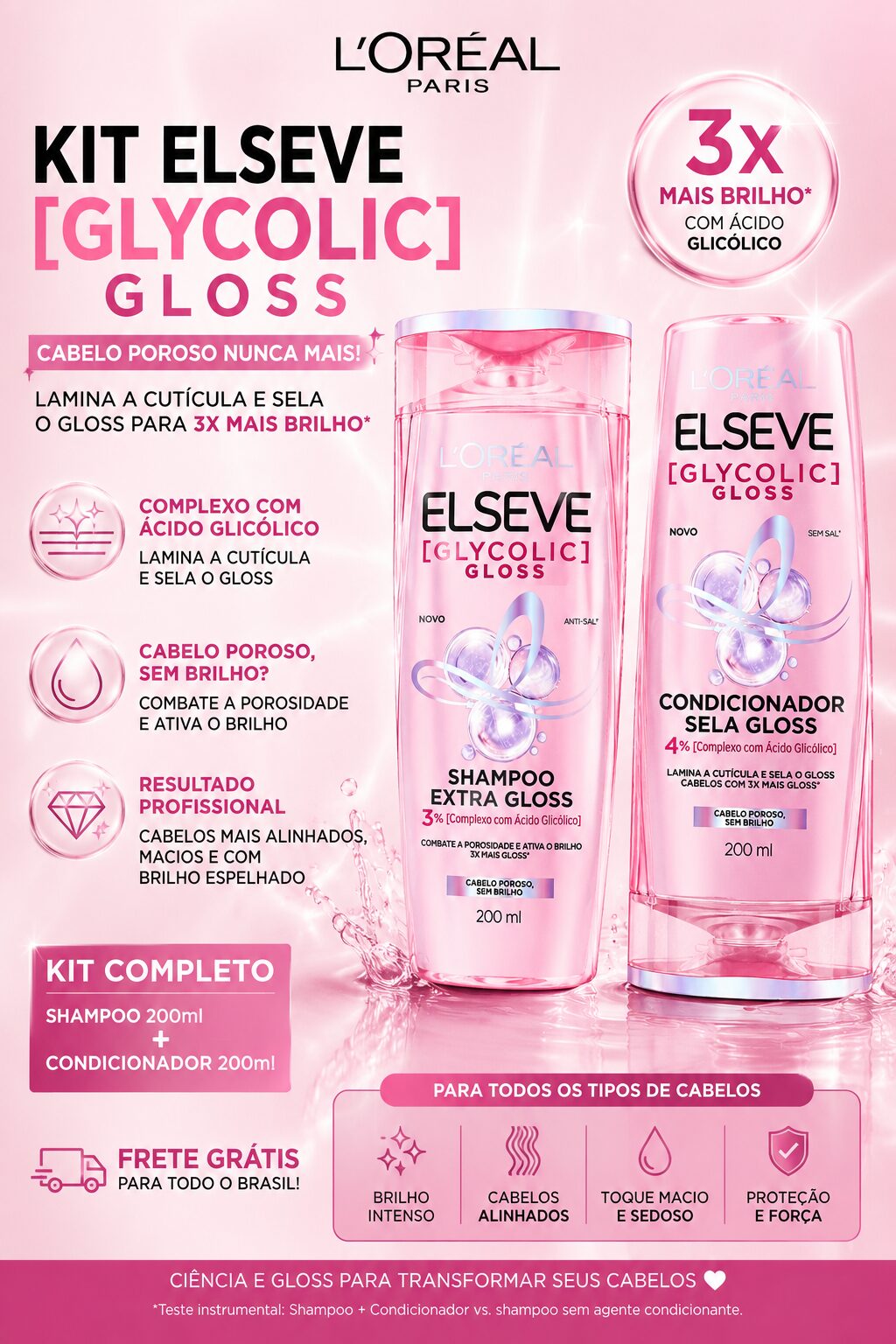 Kit Elseve L'Oréal Paris Glycolic Gloss Shampoo + Condicionador Reparação Capilar 1 Kit Elseve L'Oréal Paris Glycolic Gloss Shampoo + Condicionador Reparação Capilar