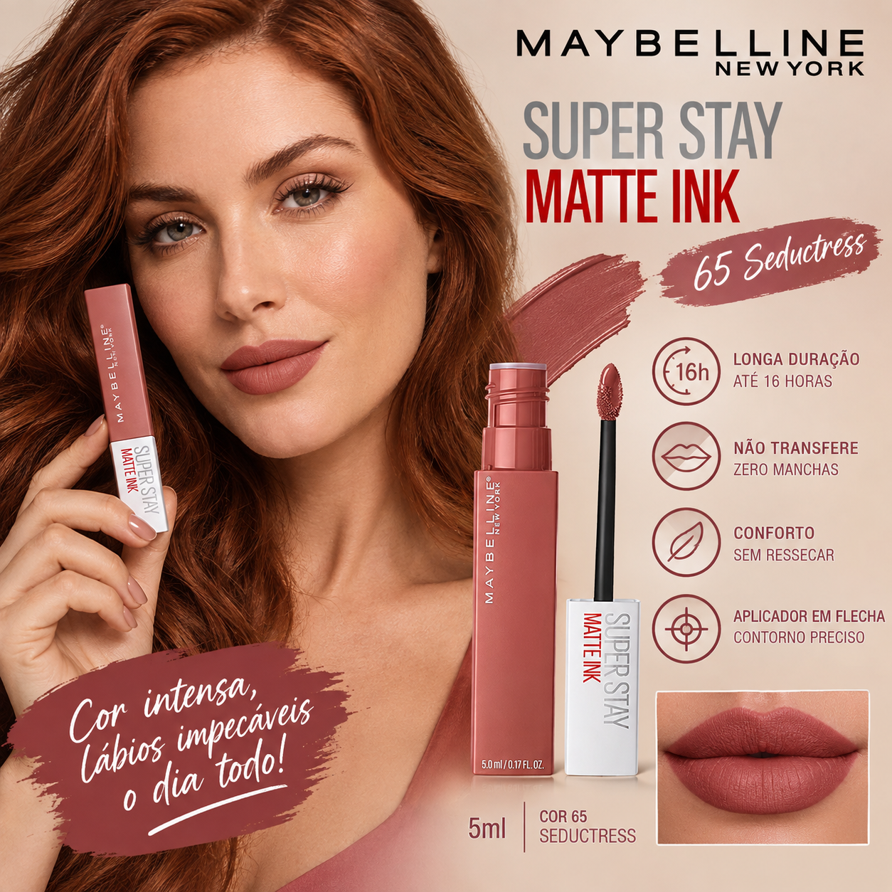 Maybelline SuperStay Matte Ink Batom Líquido Matte Cor 65 Seductress 5ml 1 Maybelline SuperStay Matte Ink Batom Líquido
