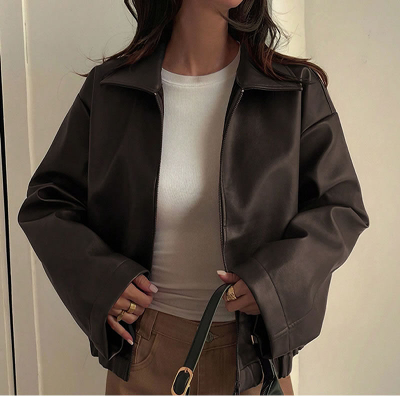 Livesso Jaqueta de Couro Casual Solta Nova para Outono e Inverno para Mulheres Ajuste Regular